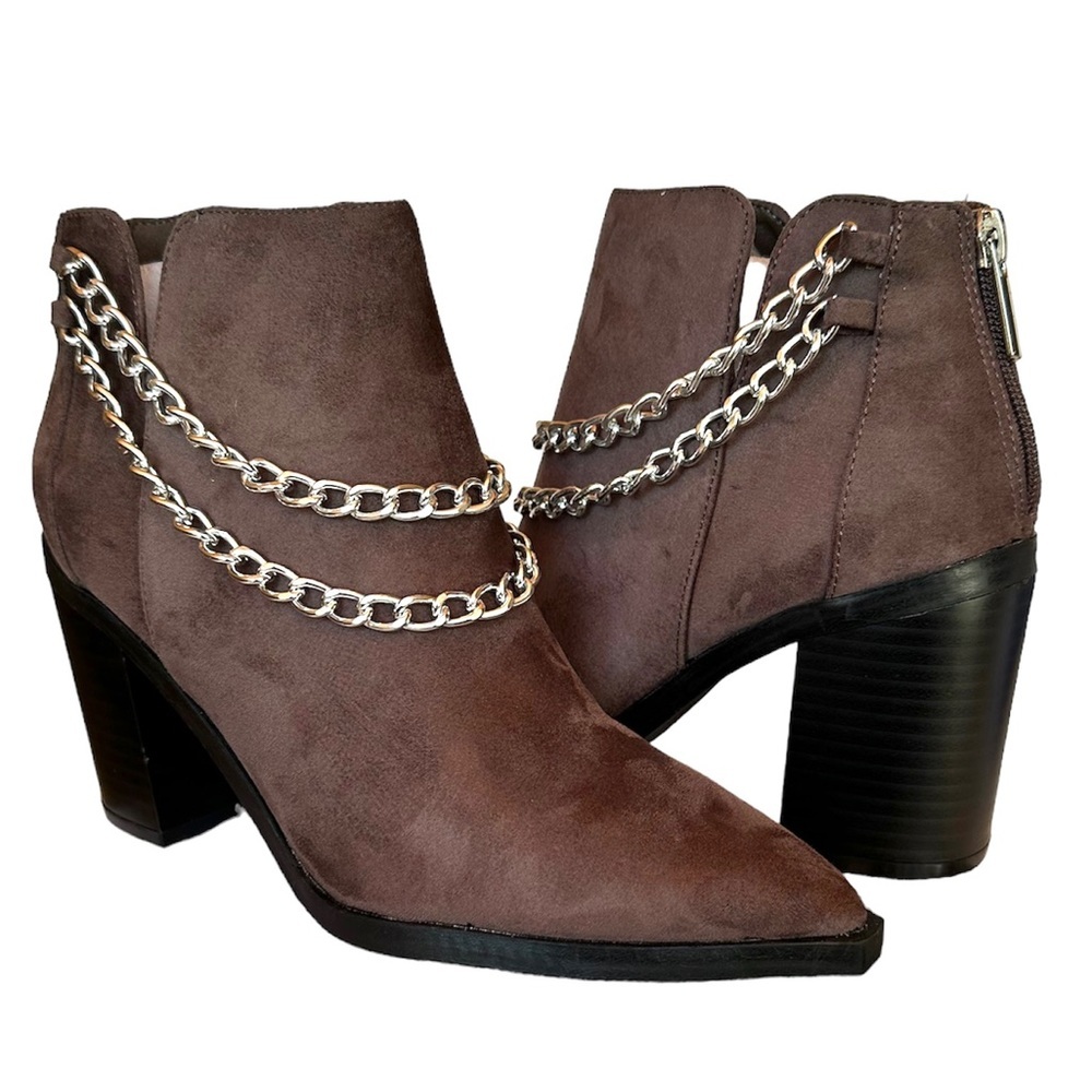 Western V Cut Vegan Leather Ankle Bootie Brown With Double Chain Pointed Toe